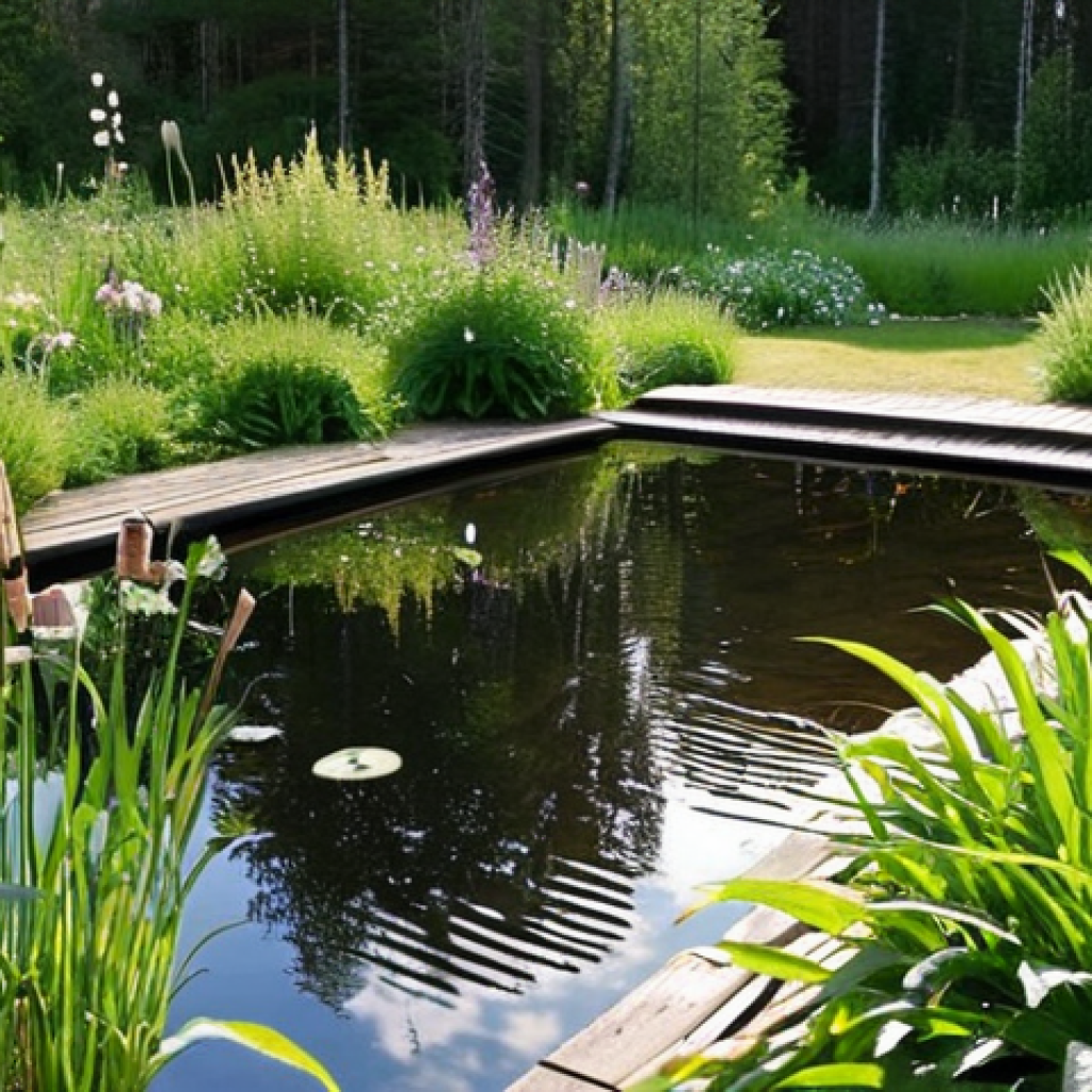 **

A lush, thriving garden pond in Sweden. Focus on the diversity of plants – reeds, water mint, possibly some water lilies – and how they're integrated into the surrounding landscape. The water is clear but has a natural, healthy look (not sterile). Capture the sunlight reflecting on the water and the overall sense of a balanced ecosystem. Mention "Sweden" or "Scandinavian design" to further localize it if needed.

**