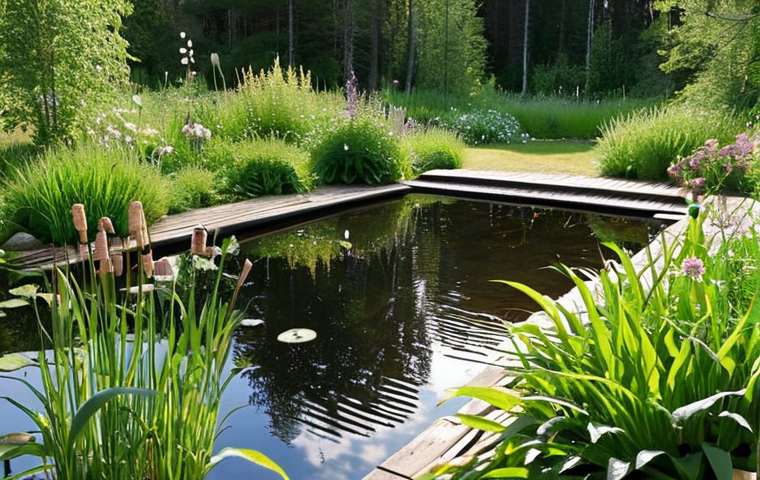 **
A lush, thriving garden pond in Sweden. Focus on the diversity of plants – reeds, water mint, possibly some water lilies – and how they're integrated into the surrounding landscape. The water is clear but has a natural, healthy look (not sterile). Capture the sunlight reflecting on the water and the overall sense of a balanced ecosystem. Mention "Sweden" or "Scandinavian design" to further localize it if needed.
**
