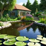 ** A vibrant garden scene featuring a pond teeming with life. Dragonflies hover over the water, frogs rest on lily pads, and birds drink from the edge. Lush greenery surrounds the pond, and vegetables flourish in the nearby garden beds, irrigated by water from the pond. Capture the feeling of a thriving, biodiverse ecosystem.

**