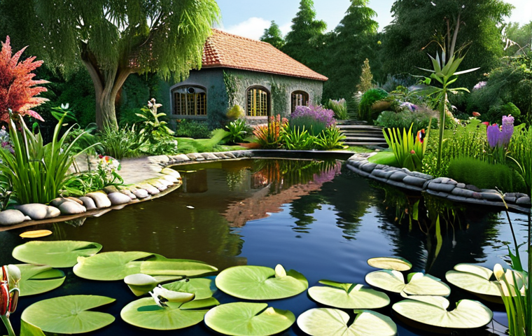 ** A vibrant garden scene featuring a pond teeming with life. Dragonflies hover over the water, frogs rest on lily pads, and birds drink from the edge. Lush greenery surrounds the pond, and vegetables flourish in the nearby garden beds, irrigated by water from the pond. Capture the feeling of a thriving, biodiverse ecosystem.
**
